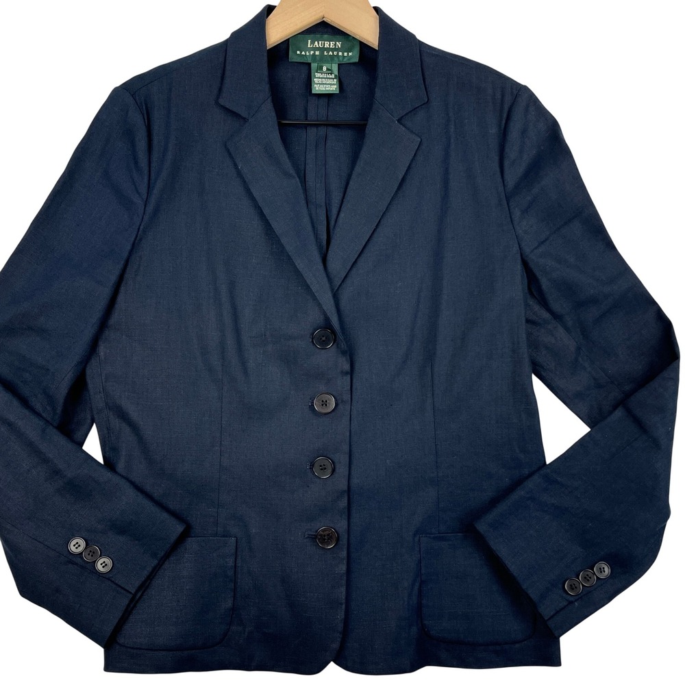 Lauren Ralph Lauren Vintage Navy Blue Linen Blend Blazer Women Size 8 USA Made